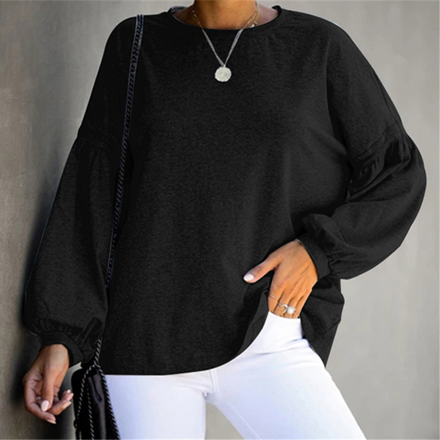 Long Puff Sleeve Tops For Women Round Neck Autumn Loose T-shirt PQOM9119C